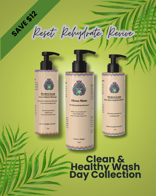 Clean and Healthy Wash Day Collection with Clean Slate and Hydro Luxe shampoo and conditioner in current-label 8 oz bottles