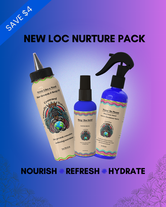 New Loc Nurture Pack with Grow Like a Weed 8 oz oil, Stop the Itch 4 oz spray, and Water Me Please 8 oz mist