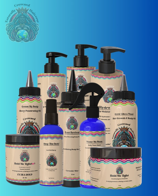 Complete Naturally Crowned Universe hair care collection with ten current-label products on a blue background