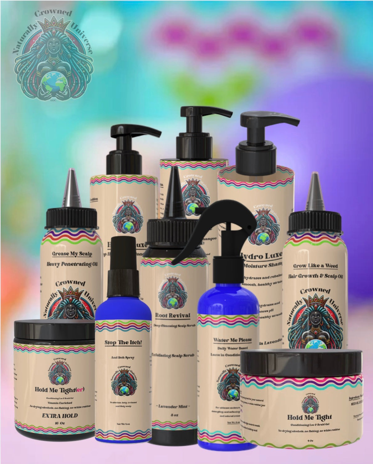 Complete Naturally Crowned Universe hair care collection with current labels on a colorful background