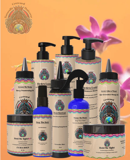 Complete Naturally Crowned Universe hair care collection with current labels on an orange floral background