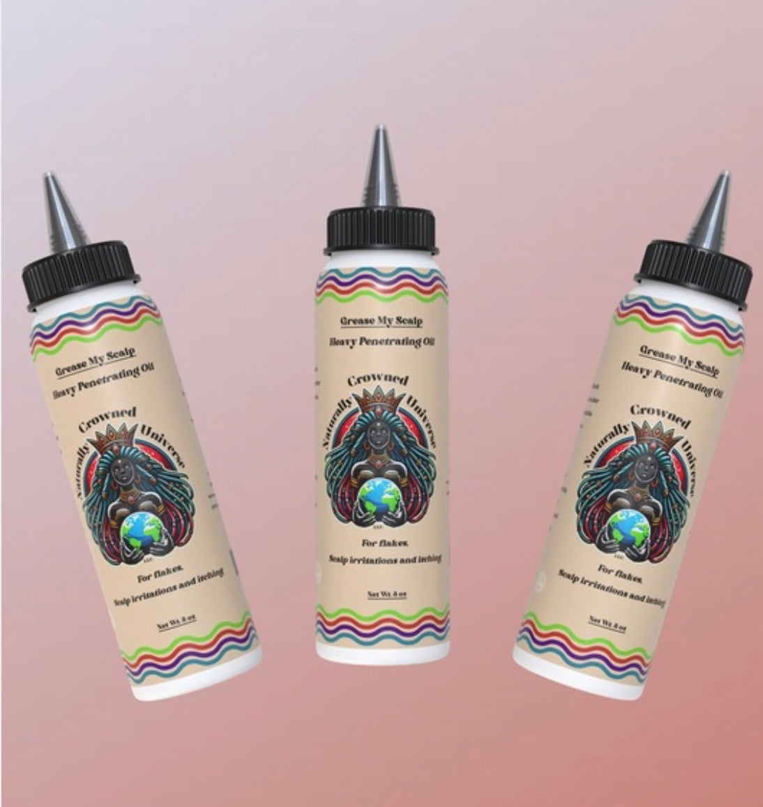 Three Grease My Scalp 8 oz oil bottles with current Naturally Crowned Universe labels
