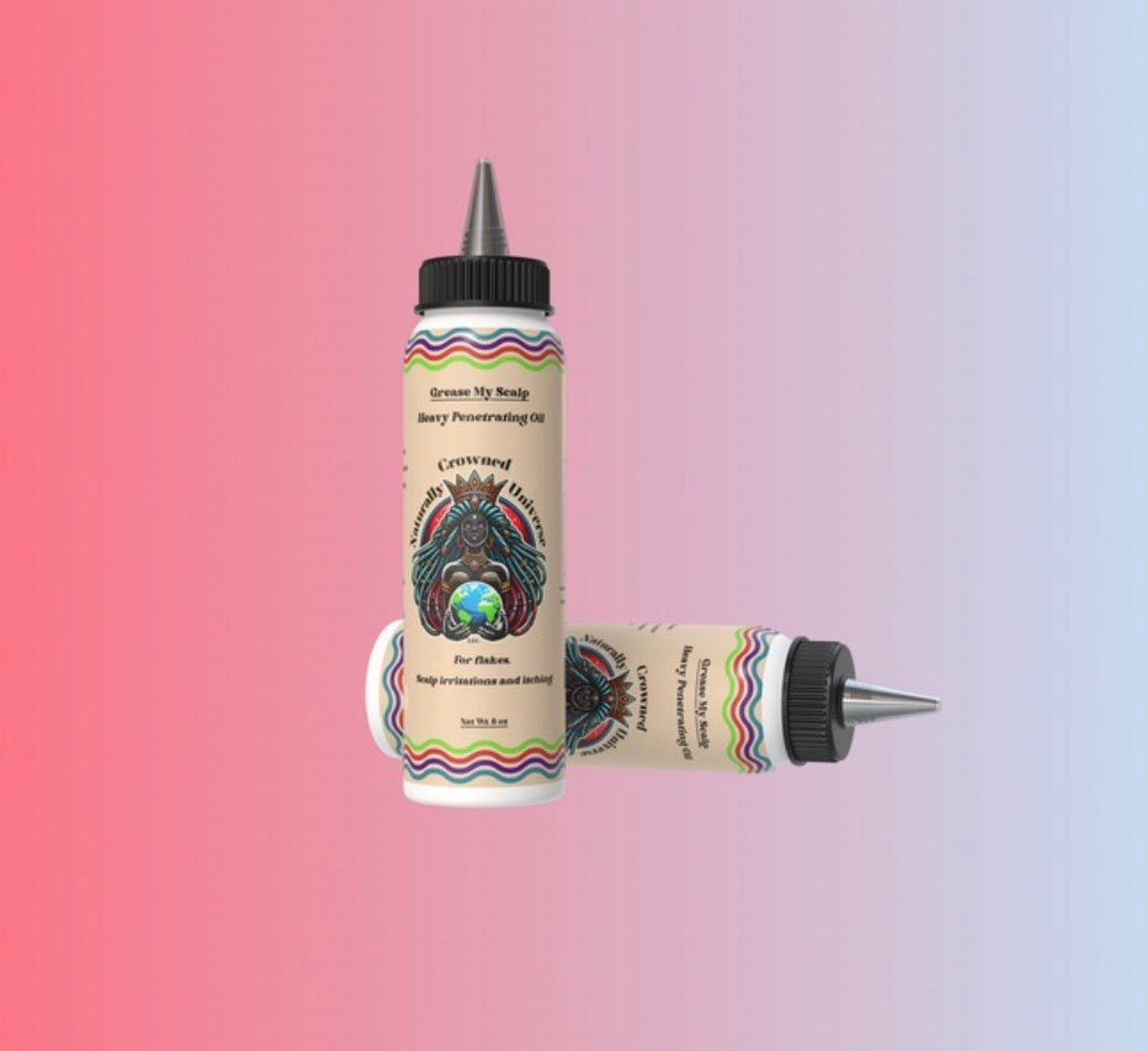 Two Grease My Scalp 8 oz oil bottles with current labels on a pink and blue background