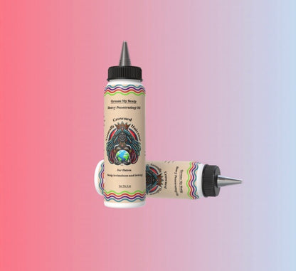 Two Grease My Scalp 8 oz oil bottles with current labels on a pink and blue background