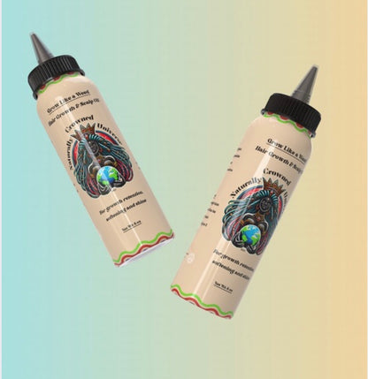Two angled views of the Grow Like a Weed 8 oz bottle with current Naturally Crowned Universe label on a pastel background