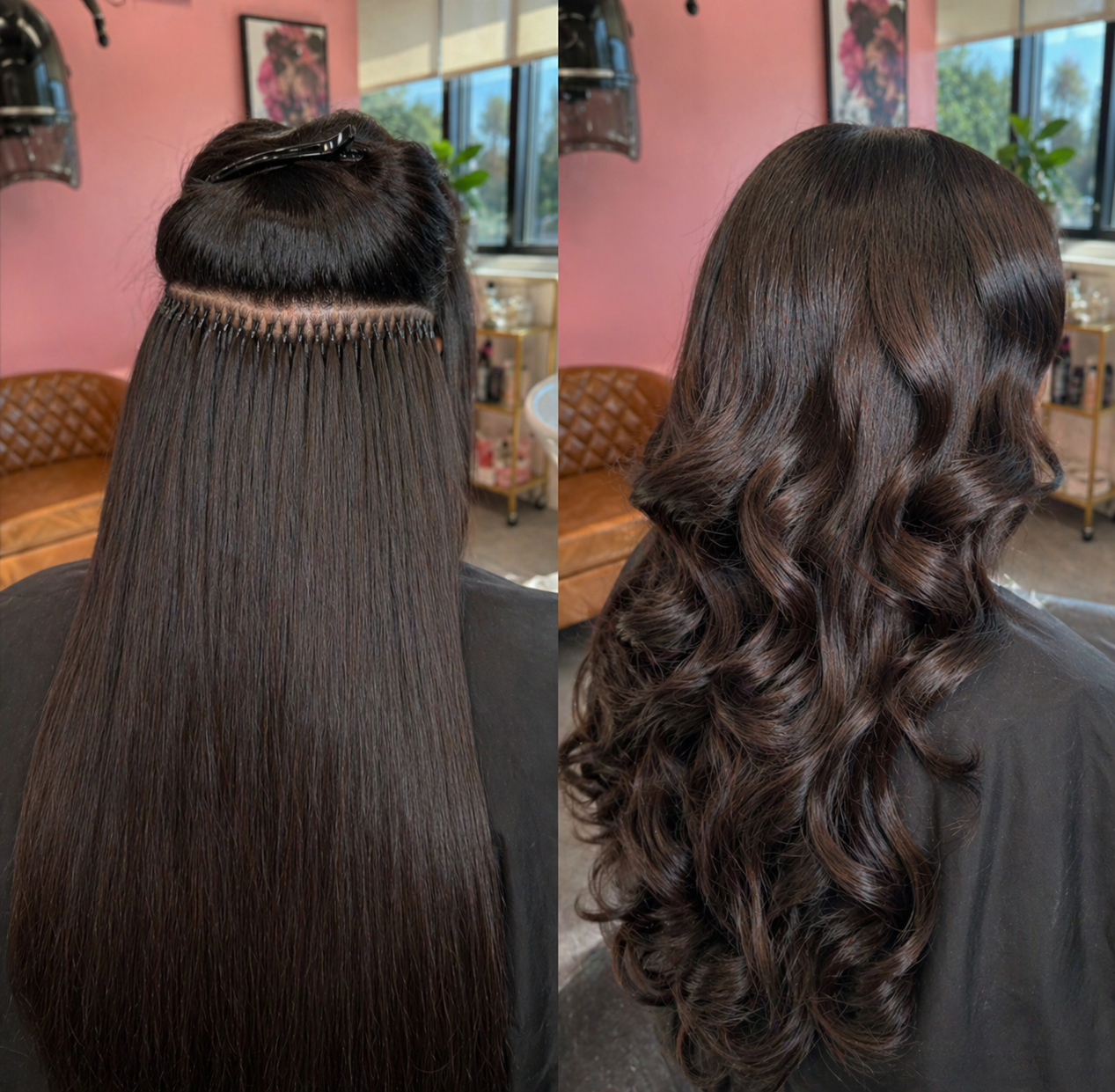 Before and after transformation of hair extensions in a salon setting.