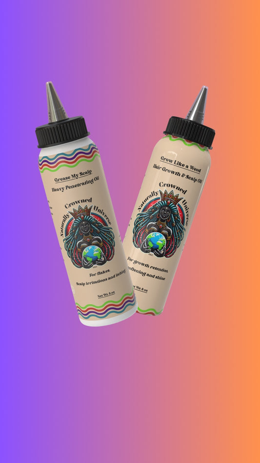 Grow Like a Weed and Grease My Scalp oil duo, two 8 oz bottles with current labels on a purple and orange background