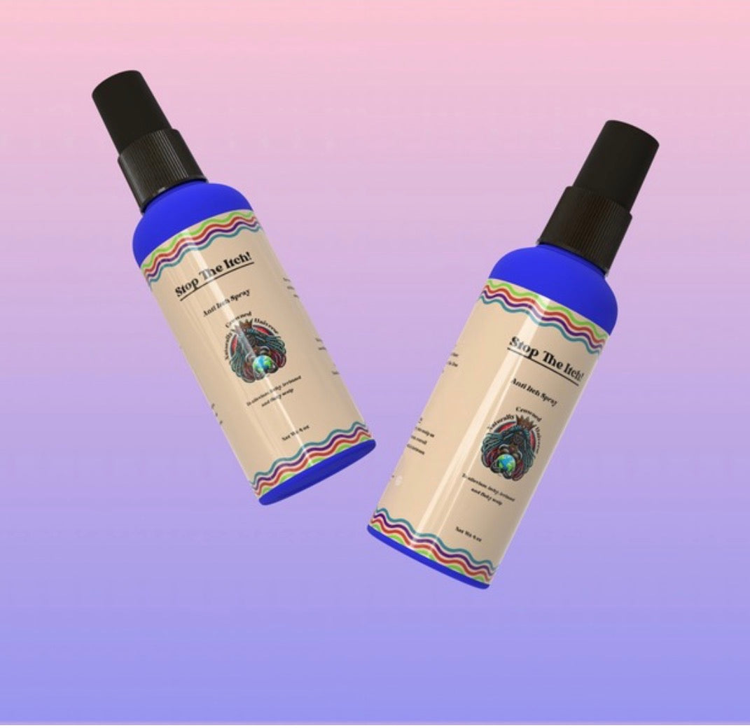 Two Stop the Itch 4 oz scalp spray bottles with current labels on a pink and purple background