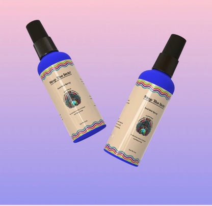 Two Stop the Itch 4 oz scalp spray bottles with current labels on a pink and purple background