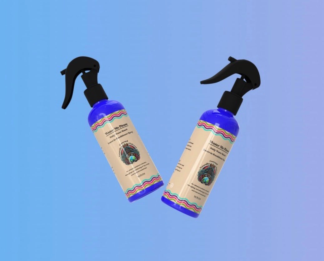 Two angled views of the Water Me Please spray bottle with current label on a blue background